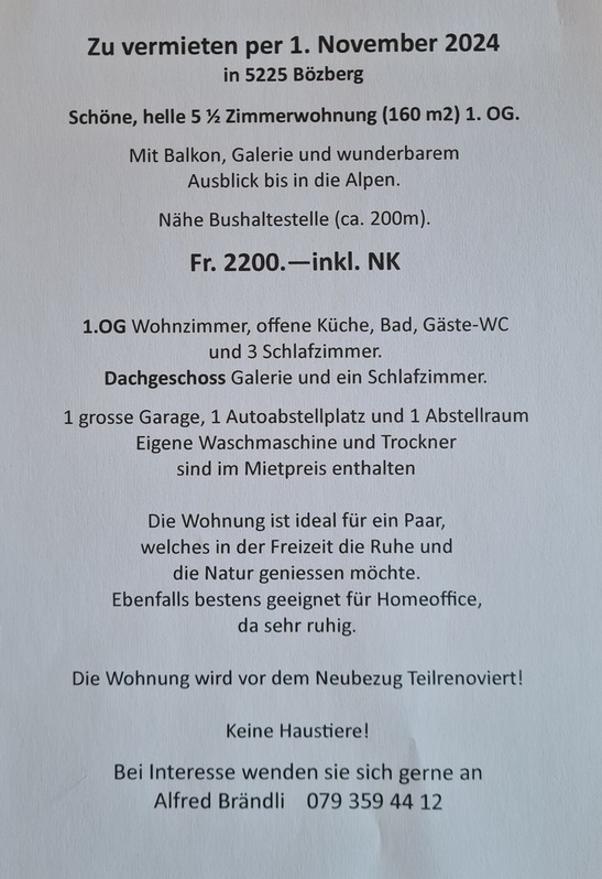 Grosszgige 5.5-Zimmer Wohnung in Brugg, Balkon, Galerie, ruhige Lage, ideal fr Paare. Miete 2200 CHF inkl. NK. Keine Haustiere.